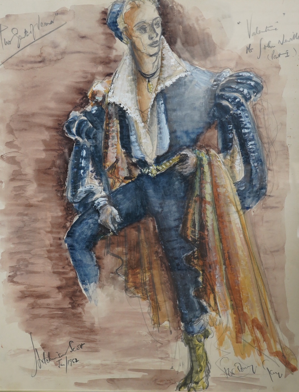 Hutchinson Scott (20th. C), two theatrical watercolours, fashion illustrations for costumes, each signed and dated 1950 and 1952, largest 55 x 44cm. Condition - fair to good